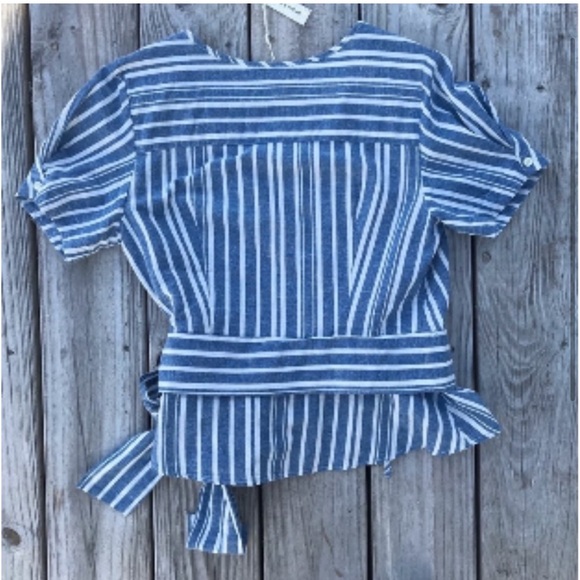 Max Studio Size L Blue & White Striped Denim Style
Wrap Top Blouse - Picture 2 of 3